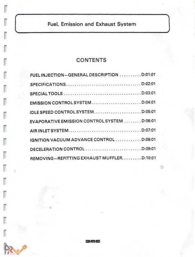 Sommaire de la section alimentation du manuel d'atelier DeLorean DMC-12