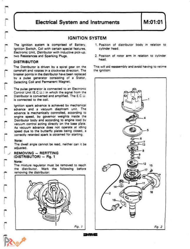 Page d'ouverture de la section allumage du manuel d'atelier DeLorean