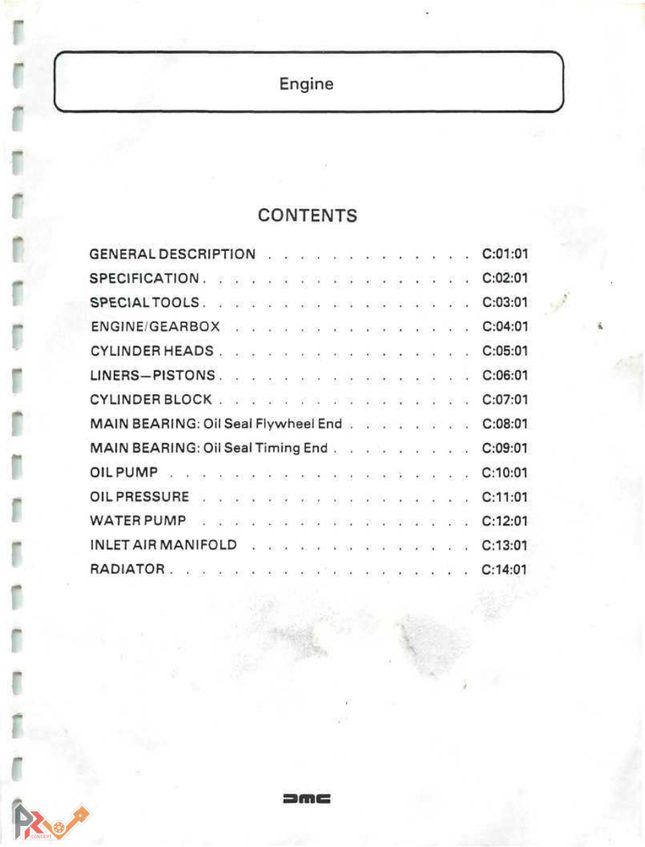 Sommaire de la section moteur du manuel d'atelier DeLorean DMC-12