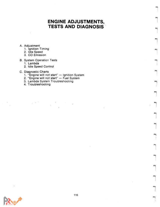 Sommaire du chapitre réglages et diagnostic du manuel de formation DeLorean
