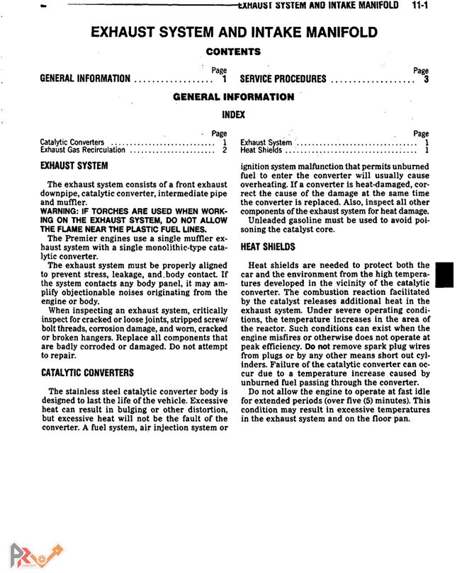 Sommaire du groupe 11, collecteurs et échappement, du manuel Eagle Premier 1990