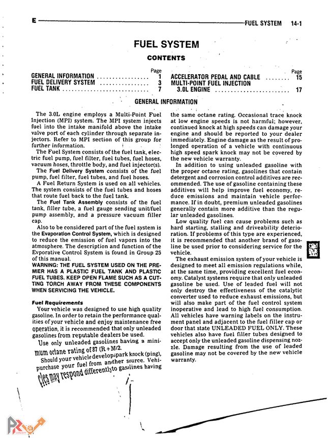 Sommaire du groupe 14, alimentation, du manuel d'atelier Eagle Premier 1990