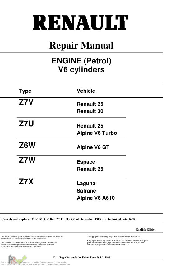 Couverture du manuel de réparation Renault — Moteurs Z, édition anglaise