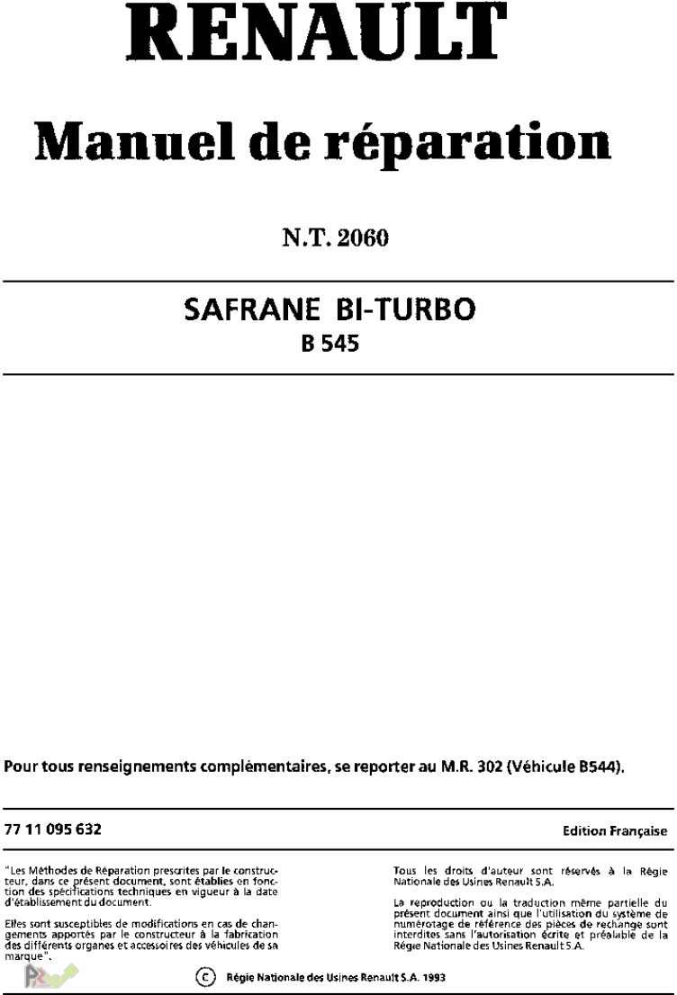 Couverture du manuel de réparation Renault — Safrane Bi-Turbo