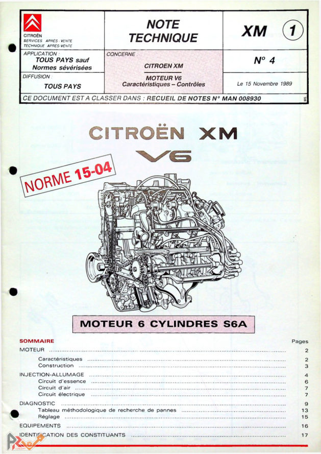 Couverture de la Note Technique Citroën n° 4 — XM V6, moteur S6A