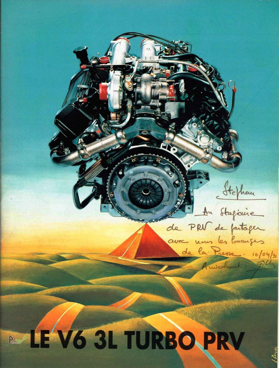 Couverture de la plaquette « Le V6 3L Turbo PRV » éditée par la Société des Moteurs PRV en avril 1991