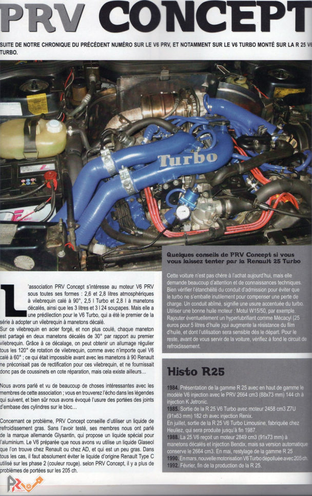 Première page de la chronique technique « PRV Concept » du magazine Carbu, consacrée au V6 PRV et à la Renault 25 V6 Turbo