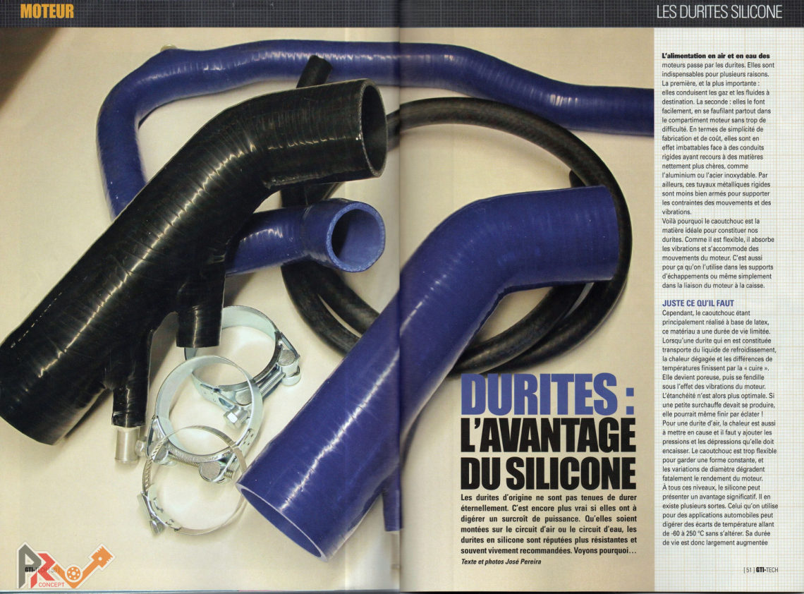 Double page d'ouverture de l'article de GTI Tech « Durites : l'avantage du silicone », réalisé avec l'Association PRV Concept