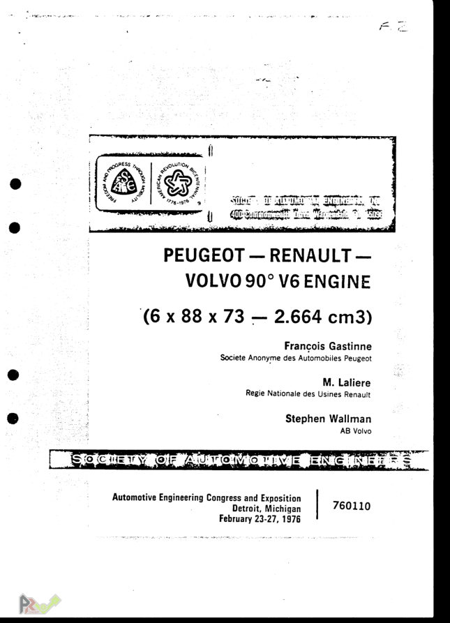 Couverture de la communication SAE 760110 — Peugeot-Renault-Volvo 90° V6 Engine, Détroit 1976