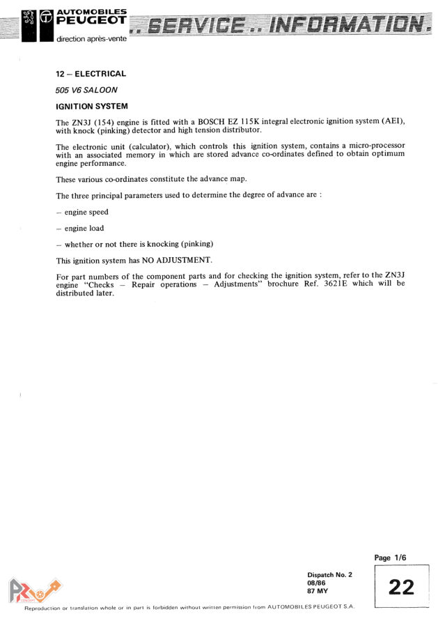 Couverture — Service Information Peugeot n° 22, allumage de la 505 V6