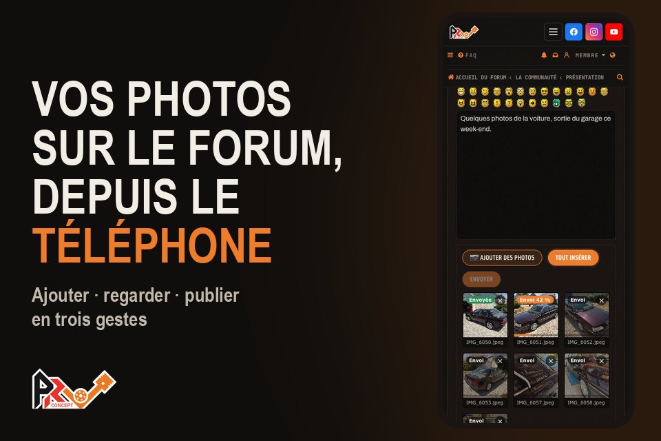 Un smartphone sur la page de rédaction du forum PRV Concept, avec les vignettes des photos envoyées