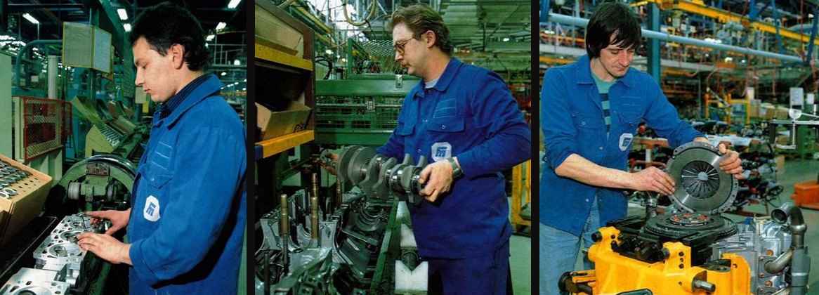 Three photos of the PRV V6 line in Douvrin in 1991: valves fitted into a cylinder head, crankshaft lowered into the block, clutch mechanism fitted to an engine
