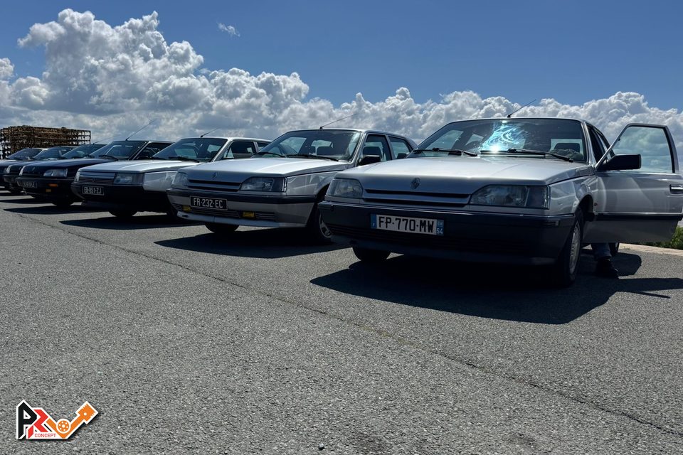 Une rangée de Renault 25 alignées sur le port, sous les nuages d'Oléron