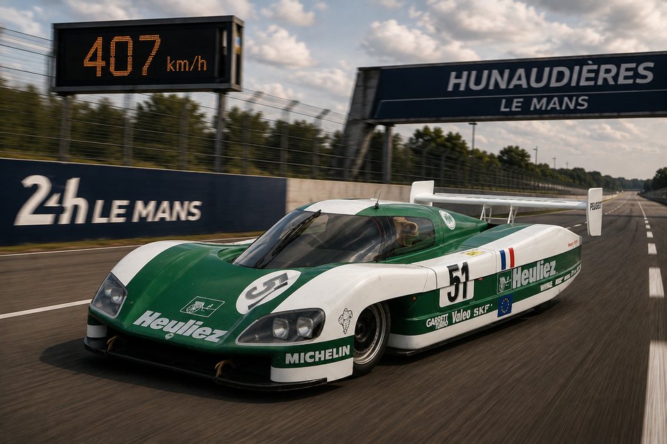 The WM under the 407 km/h board, Hunaudières gantry at Le Mans