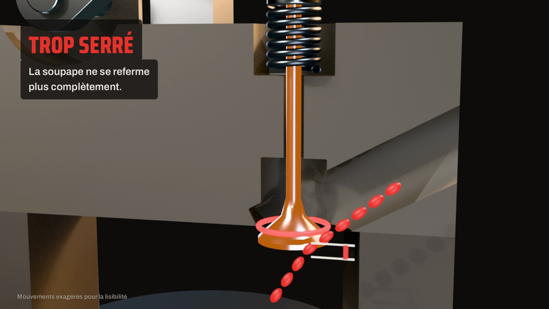 3D animation: a heat-reddened valve that does not close on its seat, with gases escaping