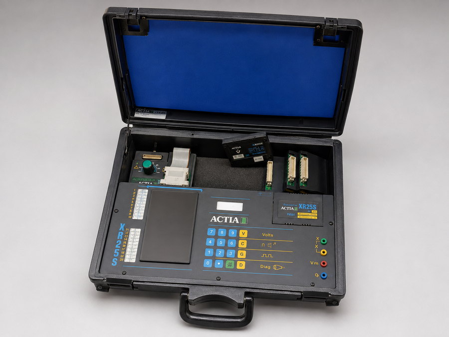 Illustration of an ACTIA Renault XR25 diagnostic tester, open: keypad, display and measurement sockets